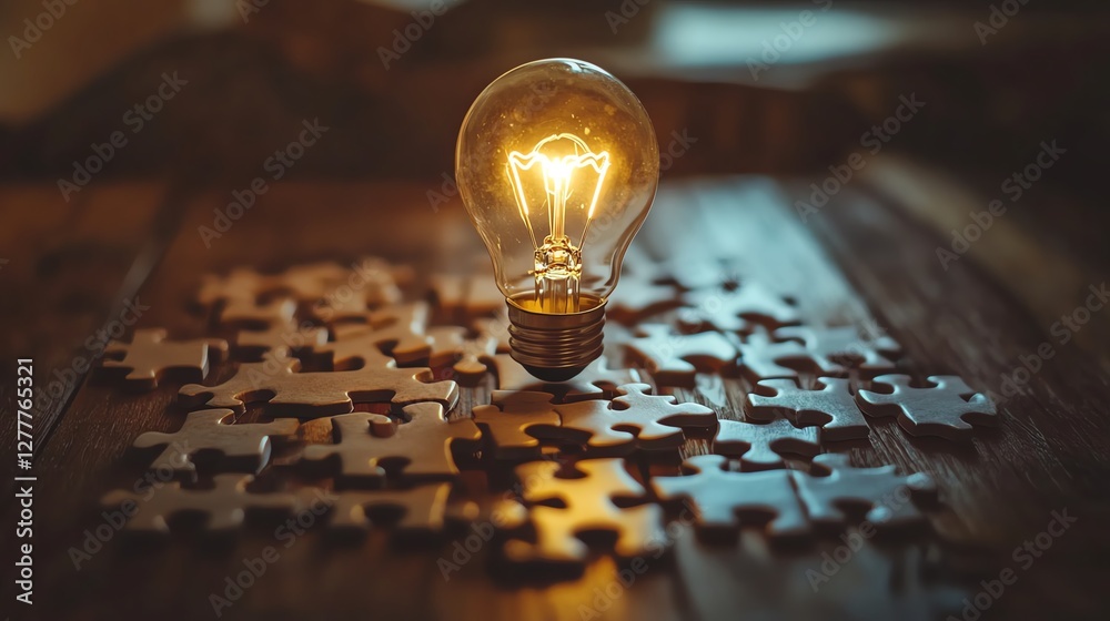 Poster brainstorming and idea generation with a light bulb drawn on a puzzle, puzzle pieces on a wooden des