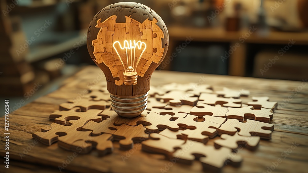 Poster brainstorming and idea generation with a light bulb drawn on a puzzle, puzzle pieces on a wooden des