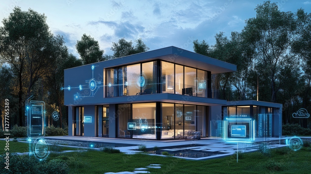 Poster high-resolution image of an urban smart home, with smart technology controlling energy, security, an