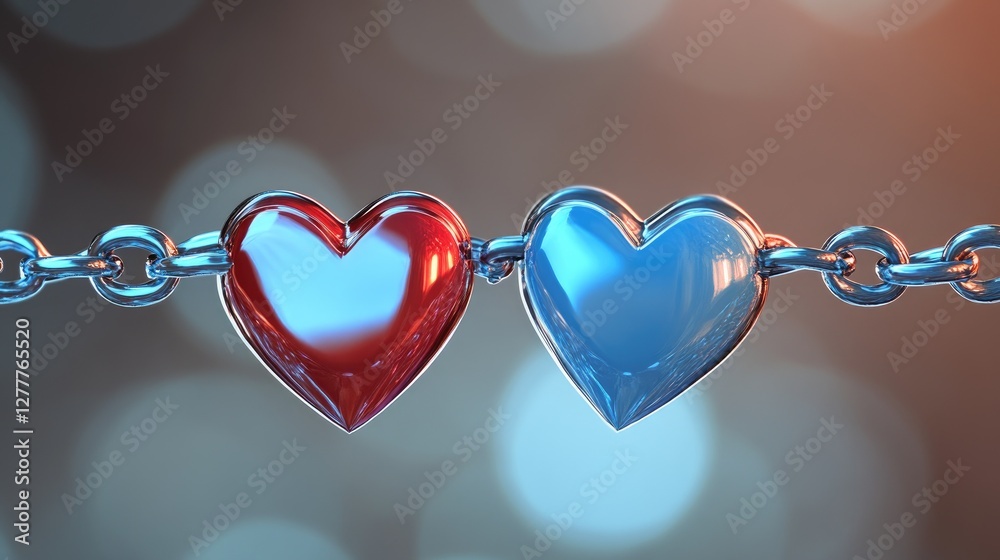Poster interlocking blue and red hearts on chains, symbolizing eternal love and commitment, captured in hig