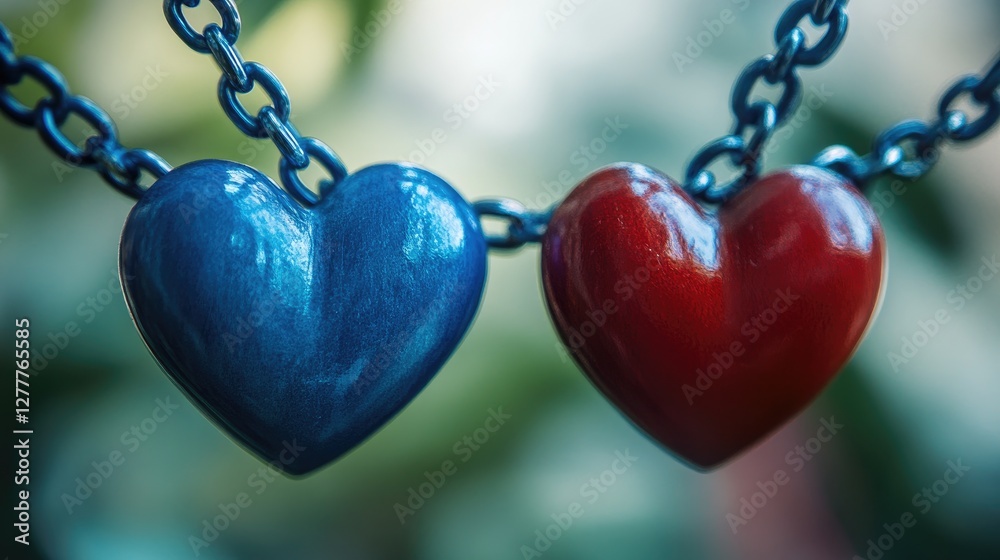 Poster interlocking blue and red hearts on chains, symbolizing eternal love and commitment, captured in hig