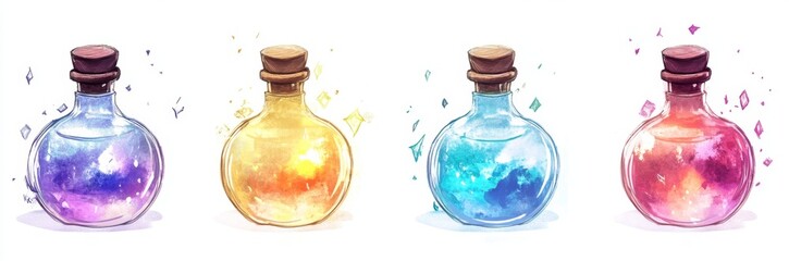 Four magical potion bottles sparkle on white