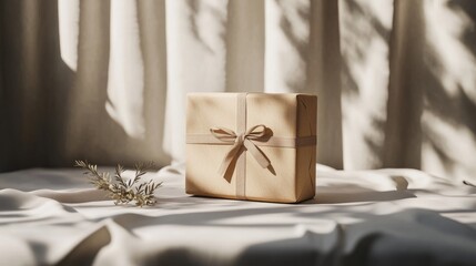 A plain gift box on a minimalistic surface, featuring soft shadows and a focus on simplicity and modern design