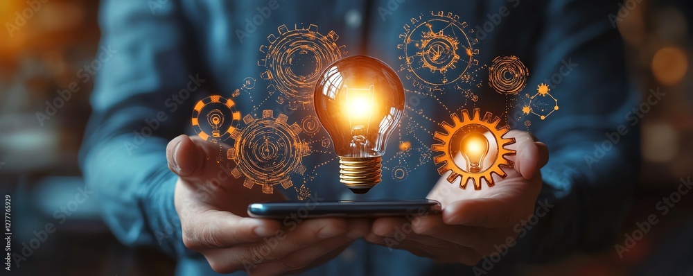 Poster business solutions and automation represented by a man holding a lightbulb, smartphone, and a networ