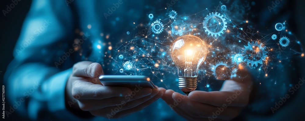 Aufkleber business solutions and automation represented by a man holding a lightbulb, smartphone, and a networ