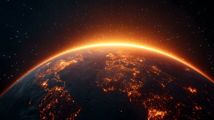 Obraz premium A breathtaking view of Earth from space during sunset, showcasing the fiery glow of city lights across Europe and the surrounding regions, contrasted against the dark expanse of space.