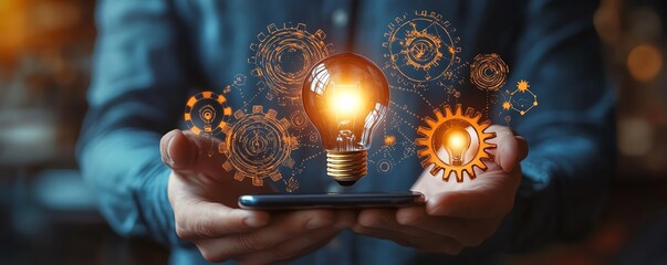 Business solutions and automation represented by a man holding a lightbulb, smartphone, and a network of gears, showcasing technological innovation