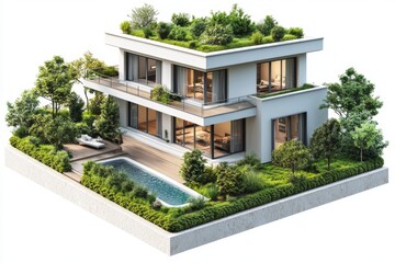 Fototapeta premium Modern Luxury Two Story House with Green Roof Pool and Lush Landscaping