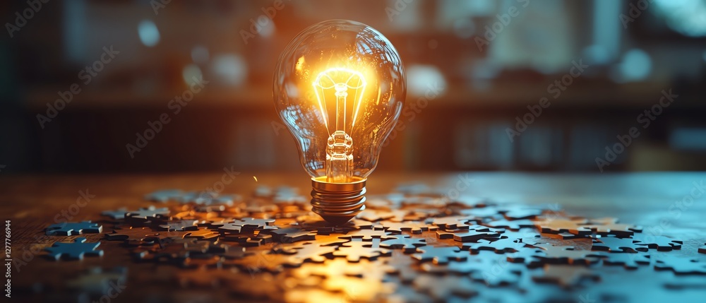 Poster creative idea generation concept with a light bulb drawn on a puzzle, puzzle pieces scattered on a w