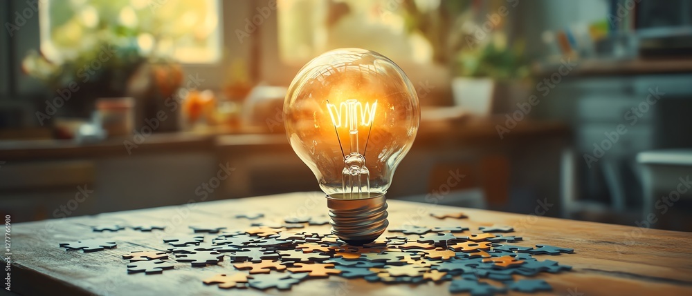 Poster creative idea generation concept with a light bulb drawn on a puzzle, puzzle pieces scattered on a w