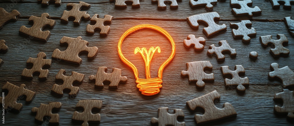 Poster creative idea generation concept with a light bulb drawn on a puzzle, puzzle pieces scattered on a w