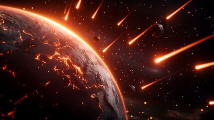 The image shows a burning planet Earth being bombarded by multiple fiery meteors and asteroids in space.