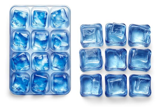 Blue Plastic Ice Cube Tray with Frozen Cubes on a Transparent Background - Powered by Adobe