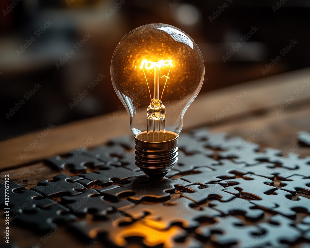 Poster creative thinking and idea generation with a light bulb on a puzzle, puzzle pieces on a wooden desk,