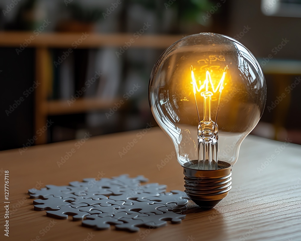 Poster creative thinking and idea generation with a light bulb on a puzzle, puzzle pieces on a wooden desk,