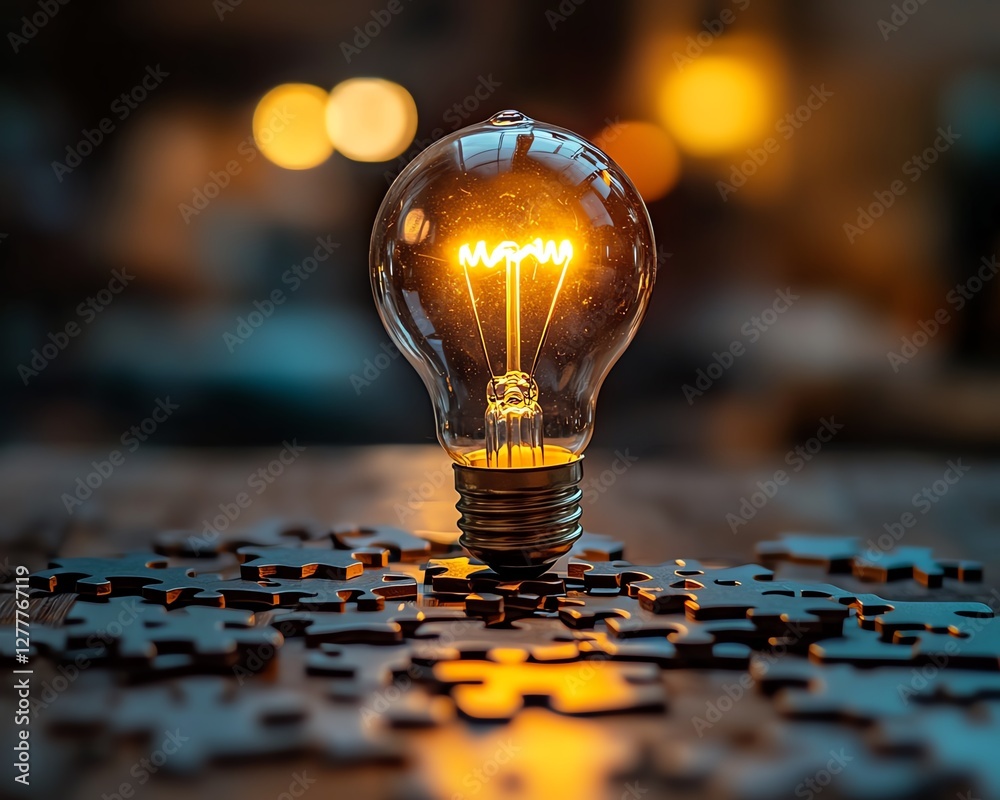 Poster creative thinking and idea generation with a light bulb on a puzzle, puzzle pieces on a wooden desk,