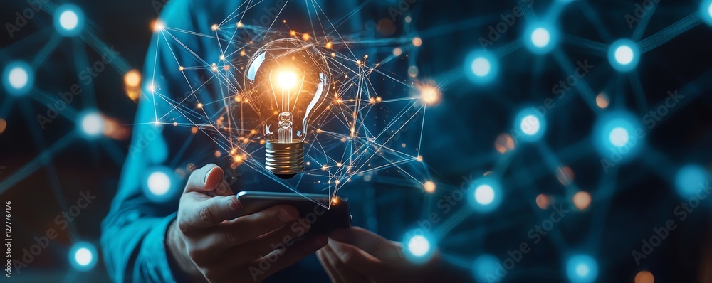 Poster Digital business network technology with a man holding a lightbulb and smartphone, surrounded by interconnected laptops and a seamless computer network