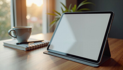 Photorealistic modern tablet mockup on a wooden desk with soft natural light, notebook, and coffee cup creating a cozy workspace