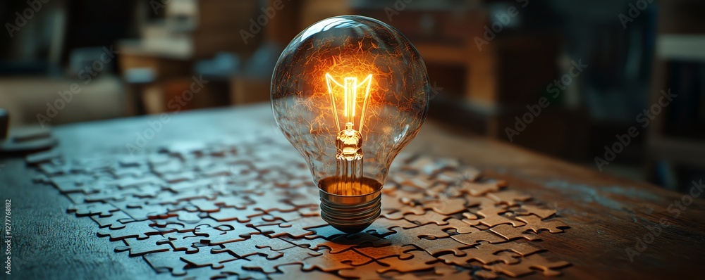 Poster idea creation concept with a light bulb drawn on a puzzle, puzzle pieces on a wooden desk, represent