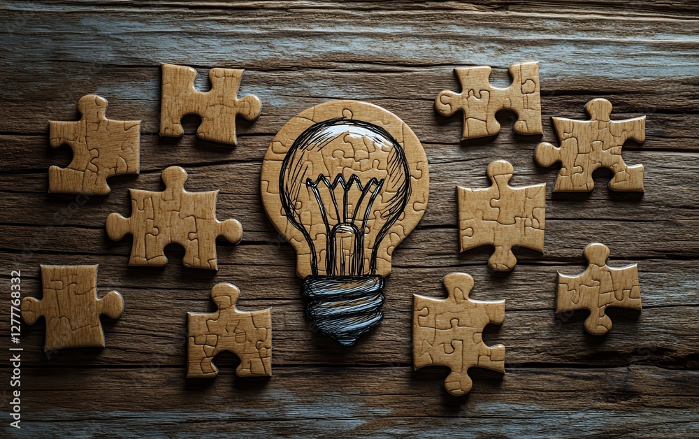 Fototapete Idea creation visualized with a light bulb drawn on a puzzle, puzzle pieces arranged on a wooden desk, representing the process of problemsolving and creativity