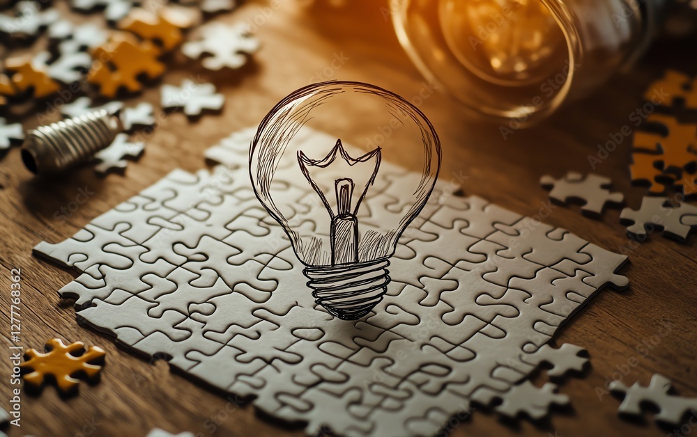 Fototapete Idea creation visualized with a light bulb drawn on a puzzle, puzzle pieces arranged on a wooden desk, representing the process of problemsolving and creativity