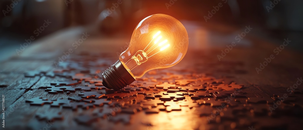 Poster innovation and idea creation scene, light bulb sketch on a puzzle with scattered puzzle pieces on a 