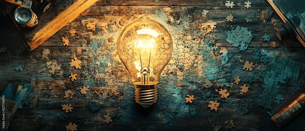 Poster innovation and idea creation scene, light bulb sketch on a puzzle with scattered puzzle pieces on a 