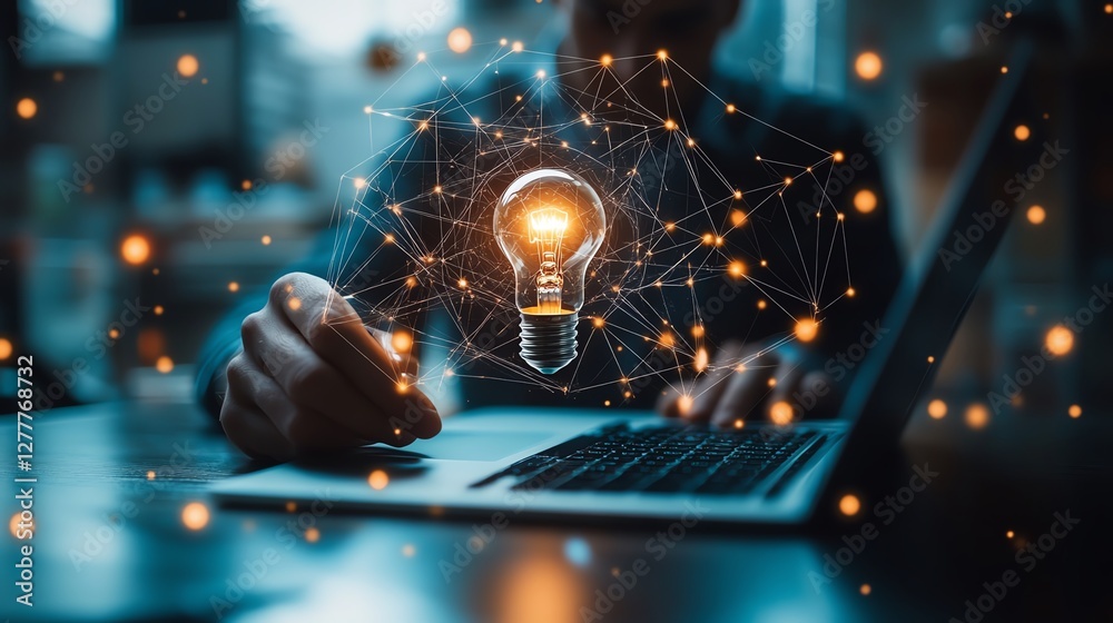 Leinwandbilder Innovative business solutions, man with lightbulb and smartphone, laptops, and interconnected computer networks illustrating modern network technology