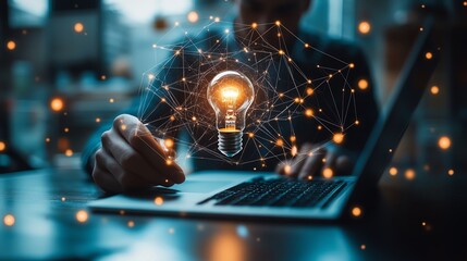 Innovative business solutions, man with lightbulb and smartphone, laptops, and interconnected computer networks illustrating modern network technology