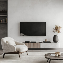 "3D-Rendered Living Room with White Plaster Wall – Stylish Armchair and Modern Accessories, Cozy Contemporary Atmosphere, High Detail, 4K Resolution"