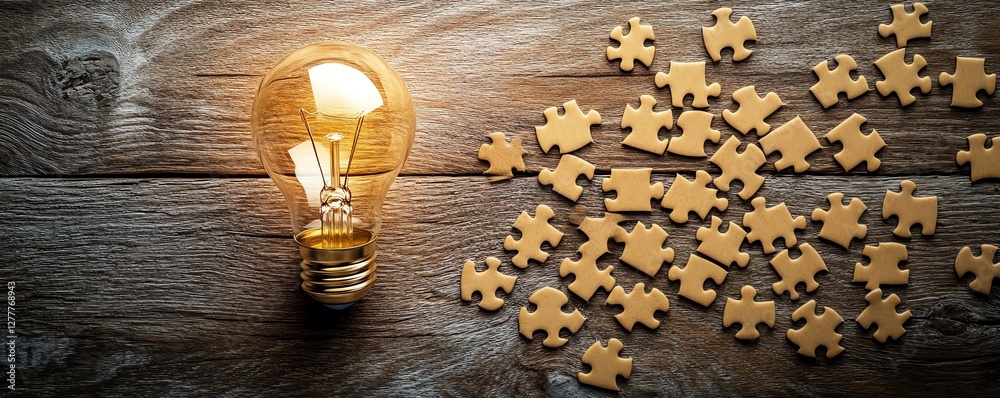 Poster light bulb symbolizing ideas drawn on a puzzle, puzzle pieces scattered across a wooden desk, repres