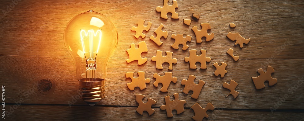 Poster light bulb symbolizing ideas drawn on a puzzle, puzzle pieces scattered across a wooden desk, repres
