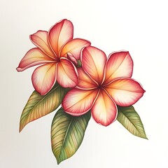 Plumeria flowers and leaves isolated on white background. Vector illustration.