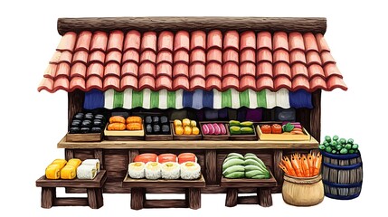 Naklejka premium Charming Hand-Painted Illustration of a Traditional Asian Food Stall.