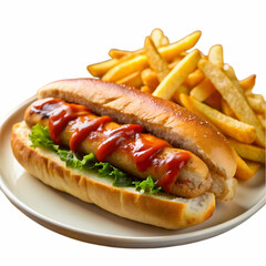 sandwich with sausage with sauce and french fries