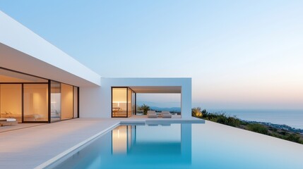 Fototapeta premium A modern villa featuring a sleek design, infinity pool, and stunning views at sunset, creating a tranquil and luxurious ambiance.
