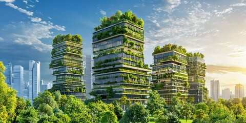 A modern eco-friendly business district with green buildings.