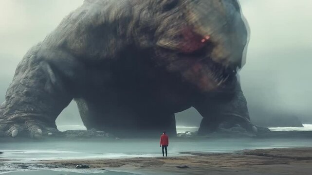 The giant monster emerged from the shadows, towering over the landscape and instilling fear in everyone.