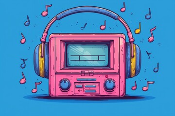 Vintage stereo with headphones and colorful musical notes on blue background