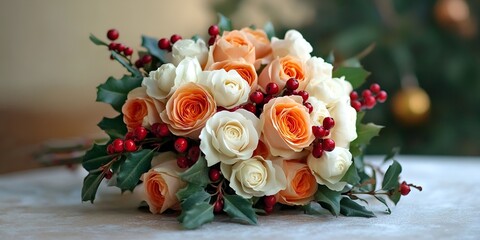Bouquet of roses, ranunculus, and holly berries on a table with a blurred background. White, orange, 