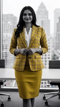Confident businesswoman in a yellow macleod tartan suit standing in a modern office with city skyline view