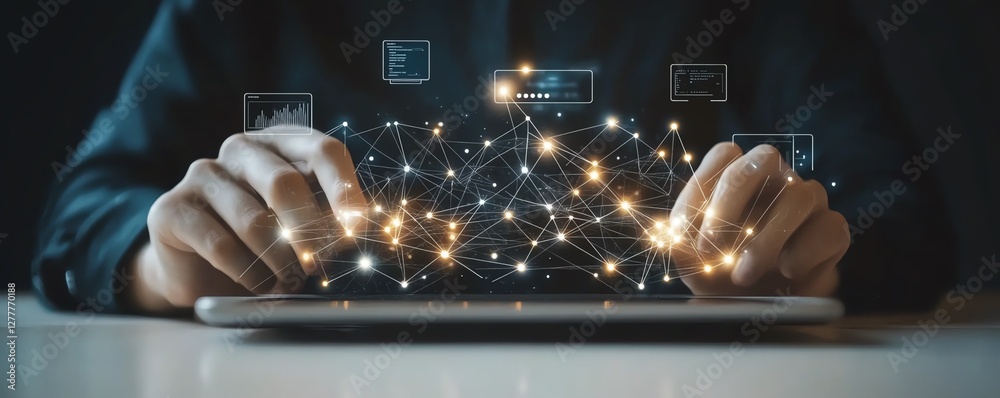 Poster Marketing and technology concept, business person using a tablet computer with network structure and ecommerce icons surrounding them
