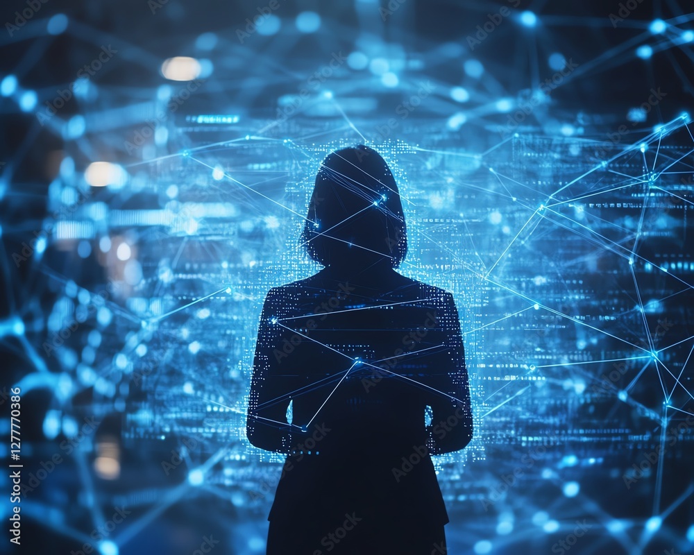 Poster analyst using the internet to gather data, businessperson surrounded by an interconnected digital ne