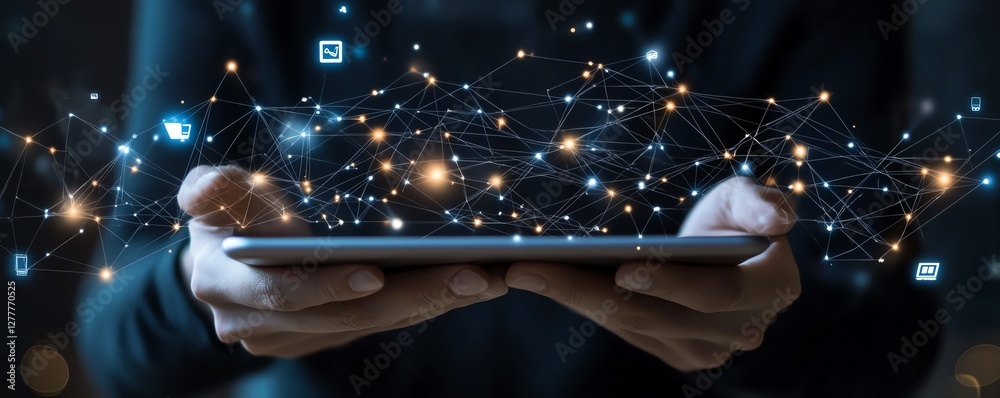 Aufkleber business person holding a tablet computer, with network structure and ecommerce icons floating aroun