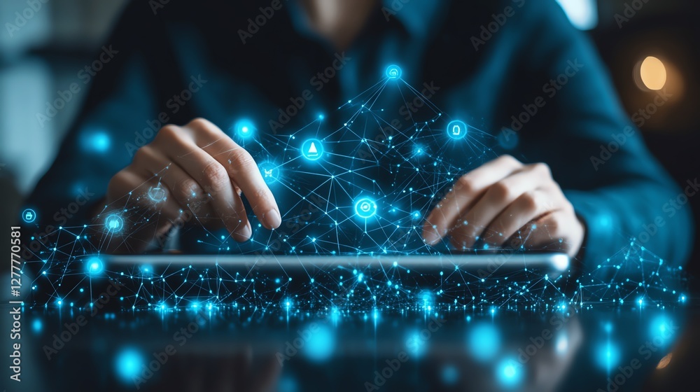 Aufkleber business person interacting with a tablet, with network structure and ecommerce icons in the backgro
