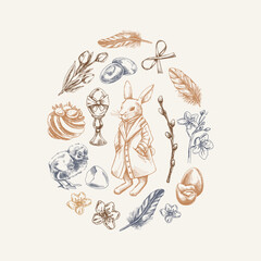 Easter vintage elements grouped in egg shape with rabbit, chick, bow, willow, feathers, and flowers