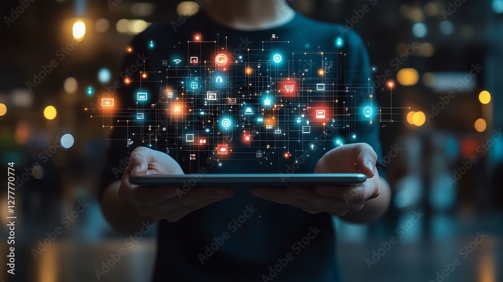 Poster Business person with a tablet, surrounded by a dynamic network structure and floating ecommerce icons, symbolizing the future of marketing and technology