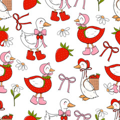 Strawberry Goose Seamless Pattern, Coquette Spring Digital Paper © Kisby 