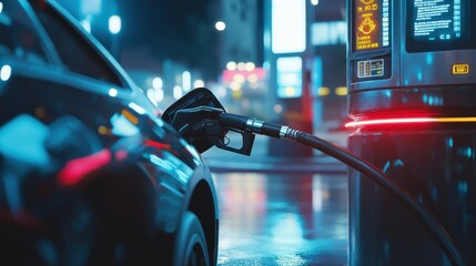 A close-up shot of a person refueling a car at a modern gas station, with the fuel nozzle securely inserted into the vehicle's tank, and digital displays reflecting fuel prices