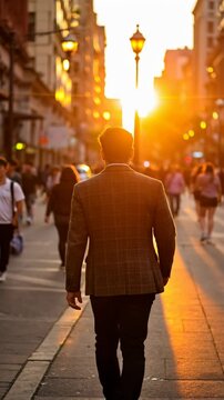 Man with macleod tartan suite walking towards sunset on a bustling city street filled with pedestrians and warm light